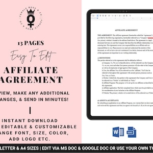 Editable Affiliate Agreement Affiliate Program Agreement Referral Fee Agreement Affiliate Fees Form Website Affiliate Agreement Template