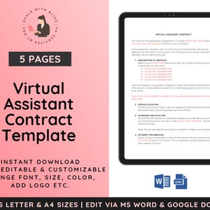 Vertragsvorlage für virtuellen Assistenten, Dienstvereinbarung für virtuellen Assistenten, freiberuflicher Vertrag, Vereinbarung für persönliche Assistenten, VA-Vertrag