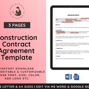 Simple Construction Contract Template, Construction Agreement Template, Handyman, Construction, Contract Template, Handyman Contract