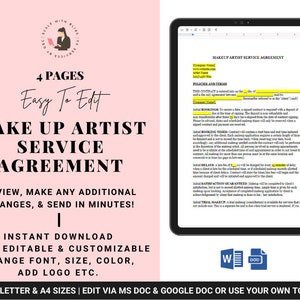 Editable Make Up Artist Service Agreement Make Up Artist Contract Wedding Makeup Artist Bridal Makeup Artist Contract Template Hair Makeup