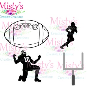 May include: A collection of football-themed graphics. Includes a football, a player silhouette running with the ball, a player kneeling with arms raised, and a goalpost. The graphics are black and white with floral accents and the text "Misty's Creative Creations".