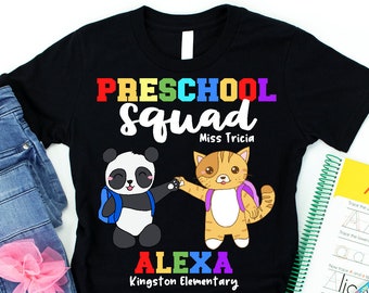 Preschool Squad Personalized Shirt with Name, School, Teacher Panda Kitty Customized Back to School T-Shirt First Day of School Outfit Pre-K