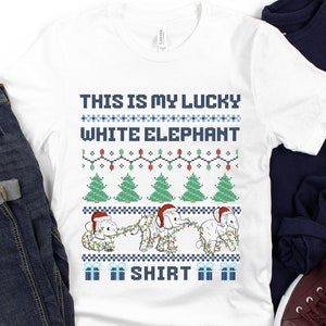 White Elephant Party Shirt - My Lucky White Elephant T-Shirt - White Elephant Party Gift - White Elephants Holding Trunks Ugly Christmas Tee