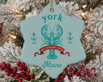York Maine Lobster Crest Ornament, Ceramic Snowflake Ornament, Maine Coast Vintage Nautical Beach House Decor Gift