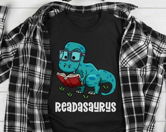 Readasaurus Funny Reading Shirt - Dinosaur Bookworm Book Reader Meme T-Shirt - Summer Reading Incentive Bookish T-Rex Kids Nerdy Geek Tee