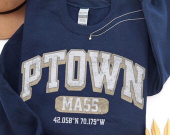 PTown Sweatshirt, Provincetown Crewneck, Retro Massachusetts Coordinates Collegiate Souvenir Travel Gift