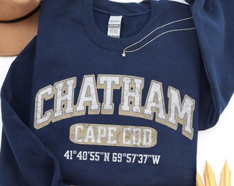 Chatham Sweatshirt, Cape Cod Crewneck, Retro Massachusetts Coordinates Collegiate Souvenir Travel Gift