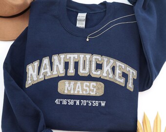 Nantucket Sweatshirt, Massachusetts Crewneck, Retro ACK Coordinates Collegiate Souvenir Travel Gift