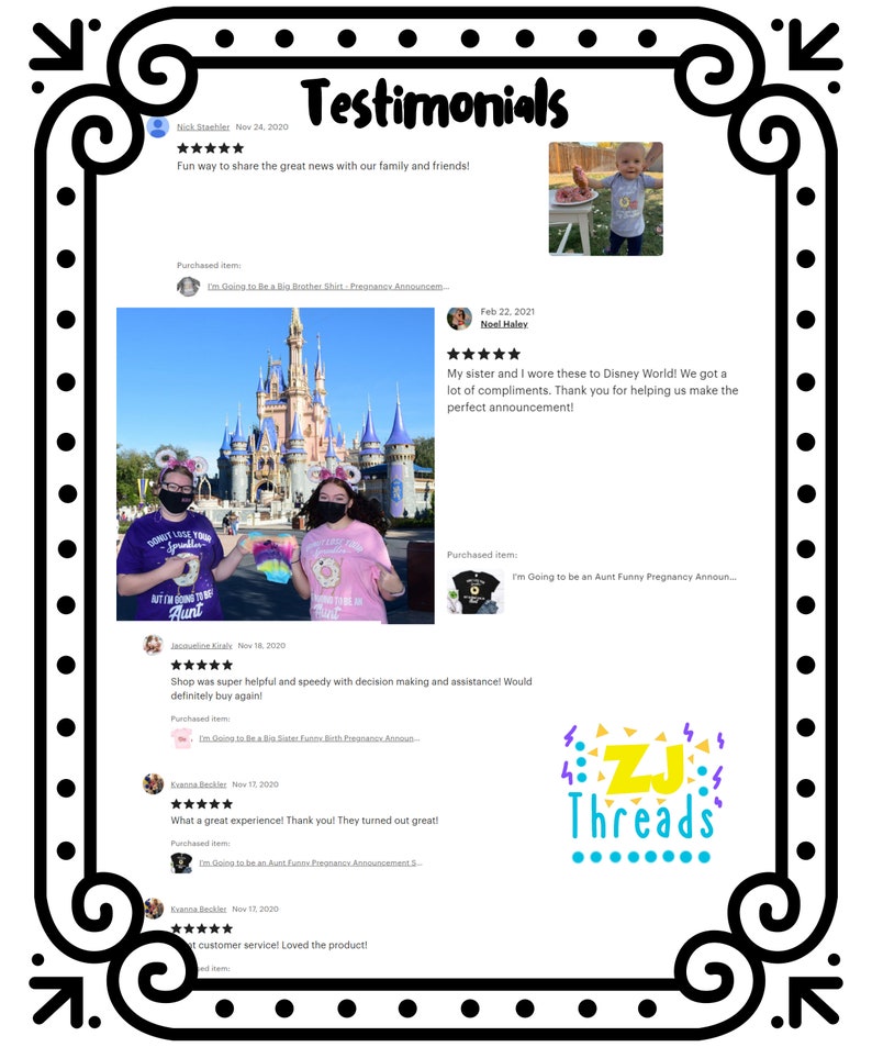 May include: A collection of customer testimonials for a shop that sells custom t-shirts. The testimonials highlight the shop's great customer service, speed, and quality. The shop's logo is a colourful stylised "ZJ Threads" in the bottom right corner.
