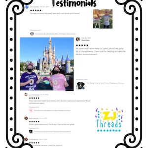 May include: A collection of customer testimonials for a shop that sells custom t-shirts. The testimonials highlight the shop's great customer service, speed, and quality. The shop's logo is a colourful stylised "ZJ Threads" in the bottom right corner.