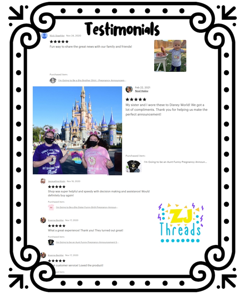 May include: A collection of customer testimonials for a shop that sells custom t-shirts. The testimonials highlight the shop's great customer service, speed, and quality. The shop's logo is a colourful stylised "ZJ Threads" in the bottom right corner.