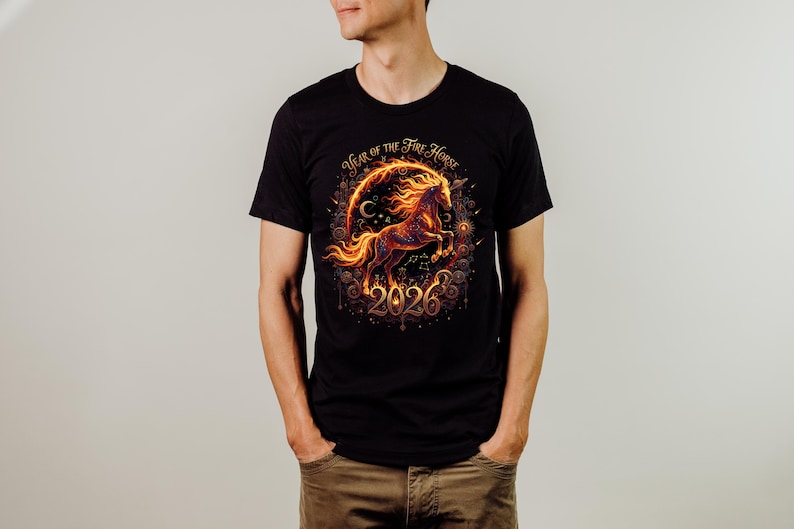 May include: Black t-shirt with a vibrant design of a fiery horse encircled by a glowing frame. The text "Year of the Fire Horse" and the year "2026" are included. The design uses orange and gold tones.