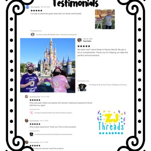 May include: A collection of customer testimonials for a shop that sells custom t-shirts. The testimonials highlight the shop's great customer service, speed, and quality. The shop's logo is a colorful stylized "ZJ Threads" in the bottom right corner.