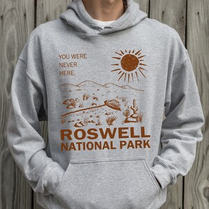 May include: A grey hooded sweatshirt with a brown graphic print of a desert landscape with a UFO, a cactus, and the text "You were never here. Roswell National Park".