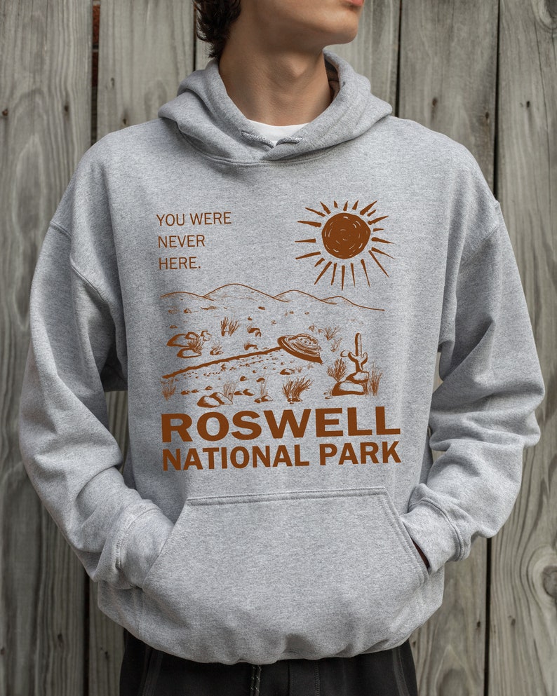 May include: A grey hooded sweatshirt with a brown graphic print of a desert landscape with a UFO, a cactus, and the text "You were never here. Roswell National Park".