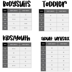 Peut inclure: Tableau des tailles pour les bodys, les tout-petits, les enfants/adolescents et les v&ecirc;tements unisexes pour adultes. Le tableau indique les tailles, la longueur du v&ecirc;tement en pouces et la largeur de la poitrine en pouces.