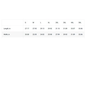 May include: Size chart showing length and width measurements in inches for sizes S through 5XL.