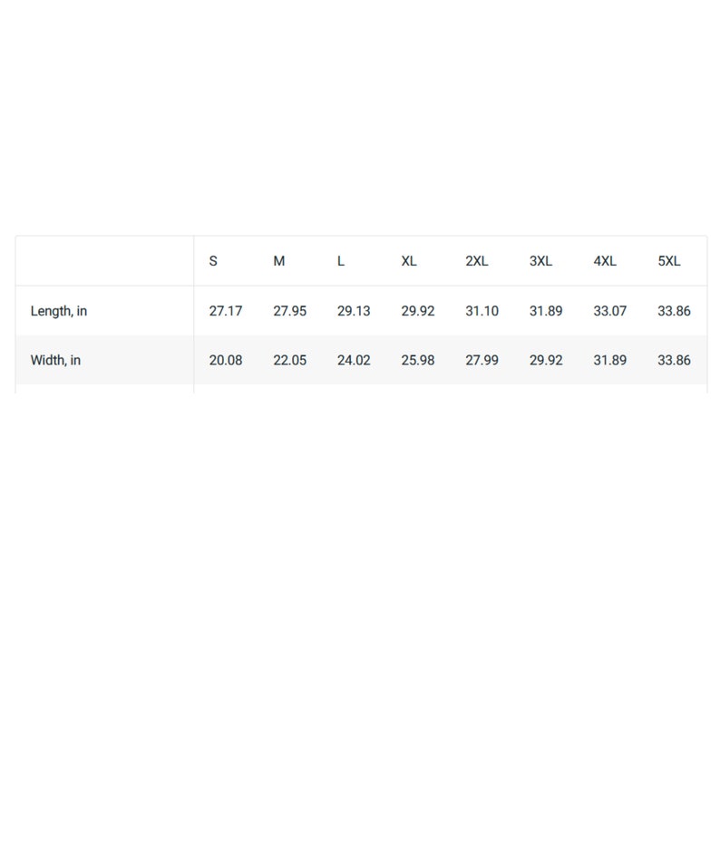 May include: Size chart showing length and width measurements in inches for sizes S through 5XL.