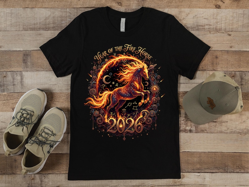 May include: Black t-shirt with a detailed illustration of a fiery horse. The design includes the text "Year of the Fire Horse 2026" and celestial elements. The horse is depicted within a circular frame, with a fiery mane and tail, creating a striking visual.