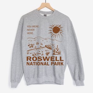 May include: A grey sweatshirt with a brown graphic print of a UFO, a desert landscape, and the text "You were never here. Roswell National Park".