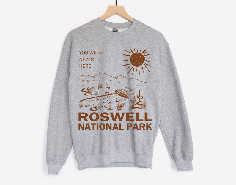 May include: A grey sweatshirt with a brown graphic print of a UFO, a desert landscape, and the text "You were never here. Roswell National Park".