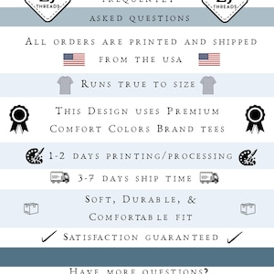 May include: An informational graphic with a blue and white striped background featuring the text ZJ THREADS FREQUENTLY ASKED QUESTIONS. It includes details about printing, processing, shipping, and garment fit, accompanied by icons of flags, t-shirts, ribbons, paint palettes, trucks, boxes, and checkmarks.