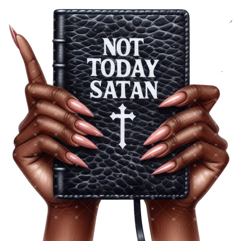 K&ouml;nnte beinhalten: Ein schwarzes, ledergebundenes Buch mit den Worten "NOT TODAY SATAN" in wei&szlig;en Buchstaben. Ein wei&szlig;es Kreuz befindet sich mittig auf dem Buch. Zwei H&auml;nde mit langen, spitzen, rosafarbenen N&auml;geln halten das Buch.