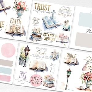 May include: A collection of watercolor illustrations with inspirational quotes and bible verses. The illustrations include flowers, books, lamps, and crosses. The quotes include "Trust in God's timing", "Faith over Fear", "Patience and Comfort", "But his delight is in the law of the Lord", "Have Faith", "Commit to the Lord", "Bible Study", "Thy Word is a Lamp unto my Feet and a Light unto my Path".