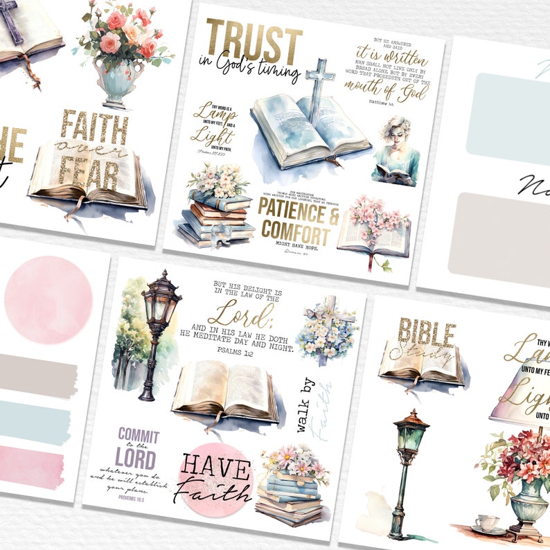 May include: A collection of watercolor illustrations with inspirational quotes and bible verses. The illustrations include flowers, books, lamps, and crosses. The quotes include "Trust in God's timing", "Faith over Fear", "Patience and Comfort", "But his delight is in the law of the Lord", "Have Faith", "Commit to the Lord", "Bible Study", "Thy Word is a Lamp unto my Feet and a Light unto my Path".