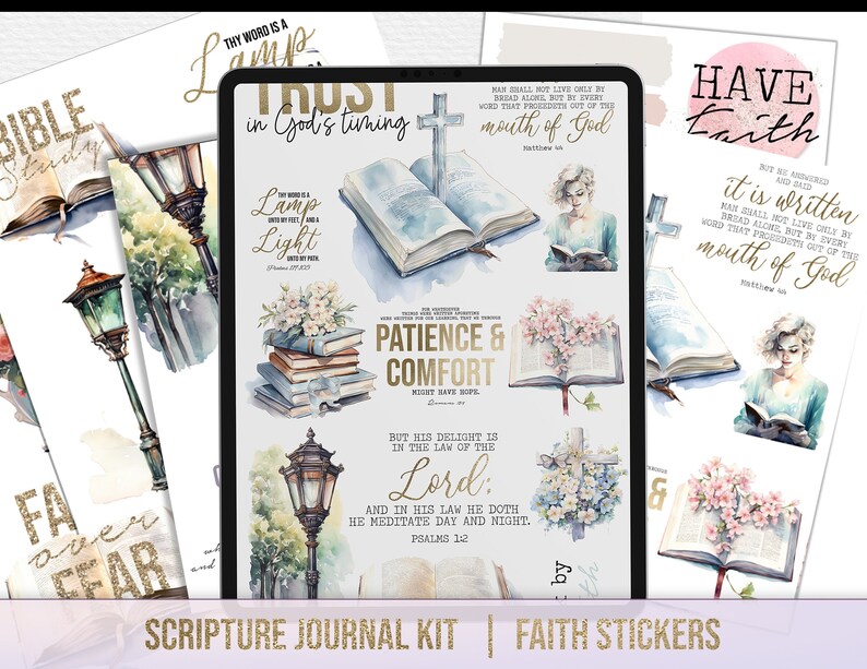 May include: A set of digital stickers featuring watercolor illustrations of lamps, flowers, and open books with bible verses. The stickers are designed for use in a journal or planner. The text on the stickers includes verses from the Bible, such as "Thy word is a lamp" and "Patience and comfort".