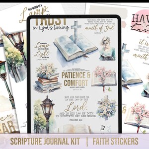 May include: A digital planner with watercolor illustrations of books, flowers, and lamps. The planner includes bible verses and the text "Trust in God's timing", "Patience & Comfort", "Have Faith", "Faith over Fear", and "But his delight is in the law of the Lord".