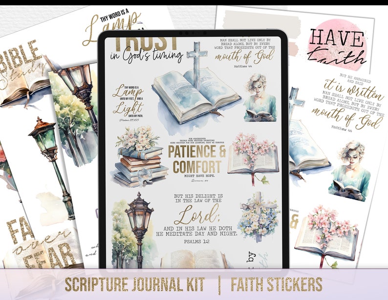 May include: A digital planner with watercolor illustrations of books, flowers, and lamps. The planner includes bible verses and the text "Trust in God's timing", "Patience & Comfort", "Have Faith", "Faith over Fear", and "But his delight is in the law of the Lord".