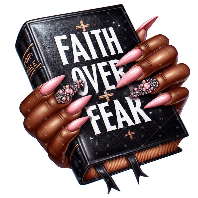 May include: A black Bible with the words "FAITH OVER FEAR" in white, held by a hand with long, pink nails. The nails on the ring fingers are adorned with pink and silver rhinestones. Gold crosses and stars decorate the cover.