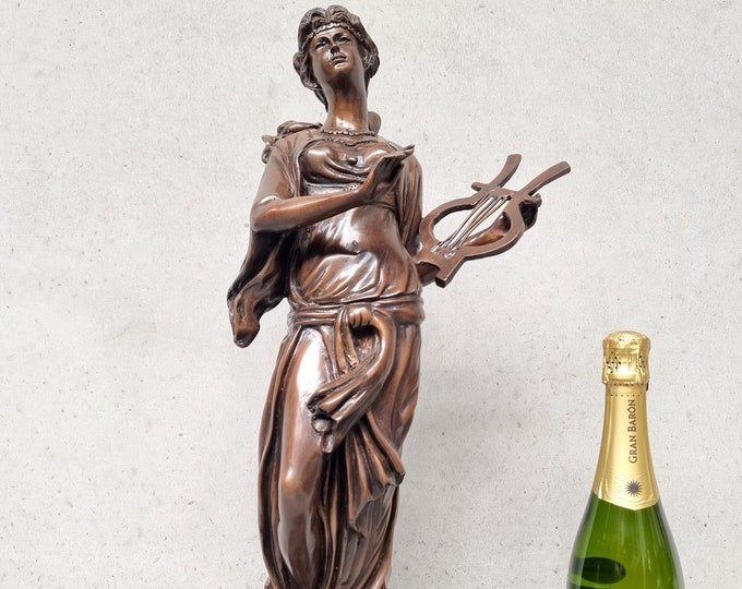 Large antique sculpture of a lady with stringed instrument - Vintage European bronze artworks