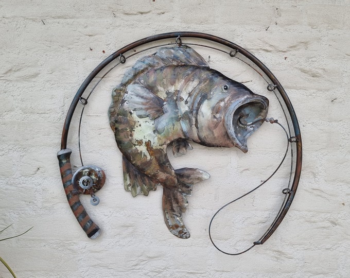 Metal wall decoration - Large bass on fishing line - gift for fisherman - sport fishing decor - Sport fishing wall decoration - fish on hook