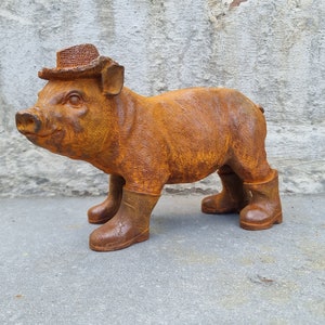 Rustic Cast Iron Piglet Sculpture: Adorable Dressed Pig with Boots and Hat for Charming Garden Decor image 1