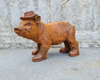 Rustic Cast Iron Piglet Sculpture: Adorable Dressed Pig with Boots and Hat for Charming Garden Decor