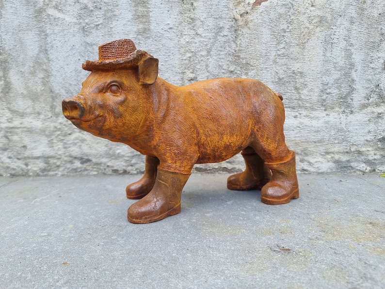 Rustic Cast Iron Piglet Sculpture: Adorable Dressed Pig with Boots and Hat for Charming Garden Decor image 1
