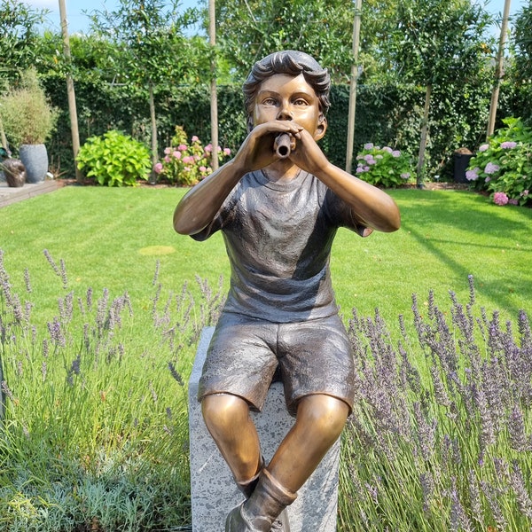 Bronze garden sculpture - Boy plays the flute - Bronze children - Bronze fountain