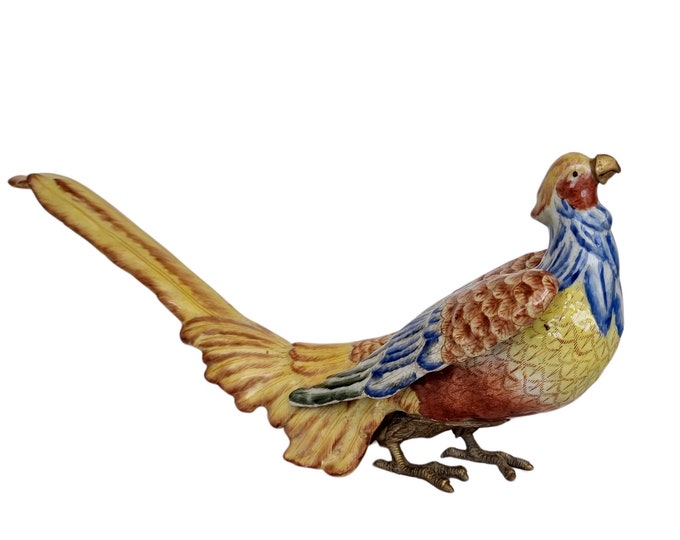 Colorful vintage porcelain pheasant - with bronze ornaments - vintage pheasant - cottagecore decoration - unique gift idea