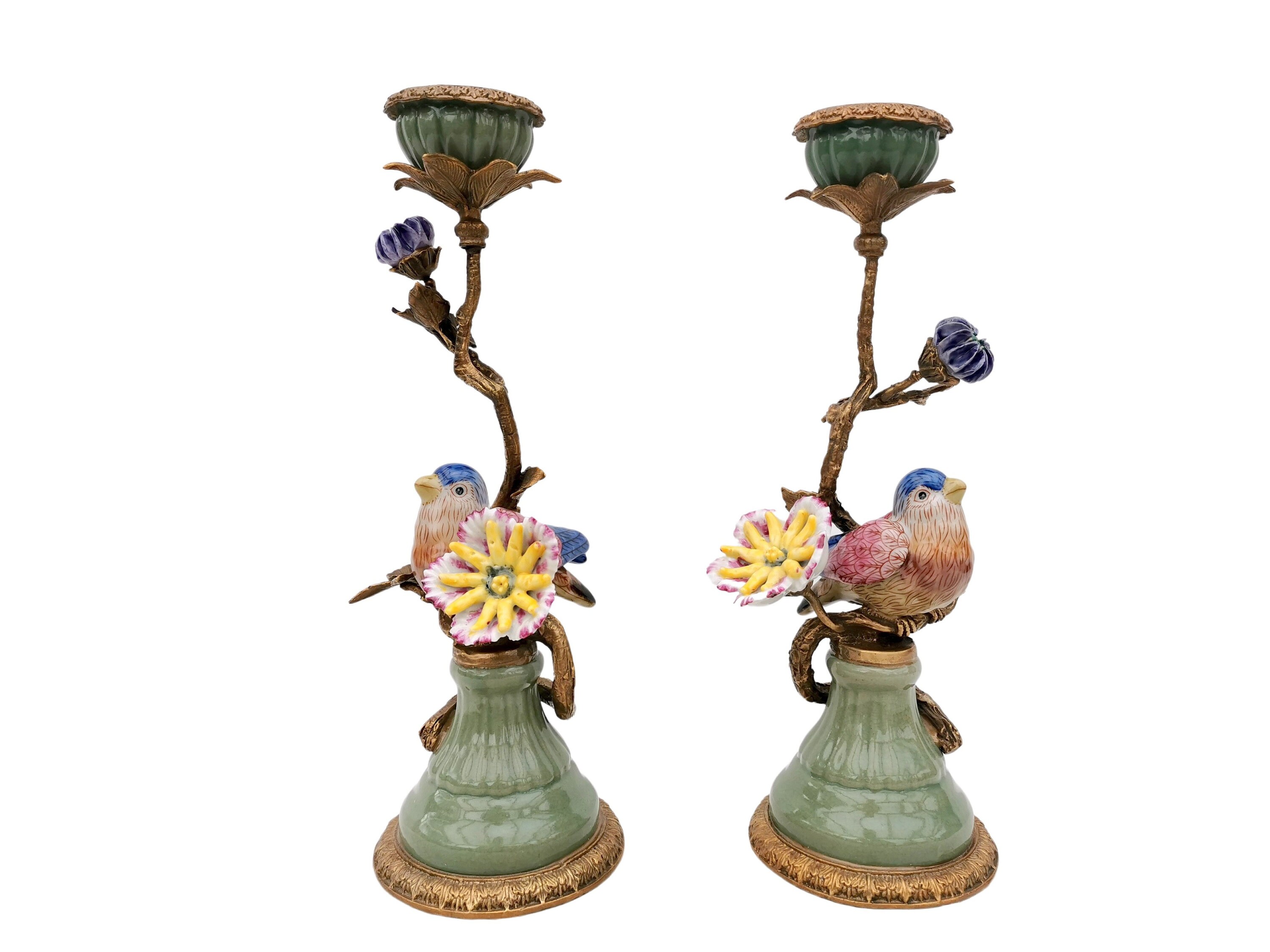 Beautiful Candlesticks Porcelain Birds With Bronze Ornaments Etsy