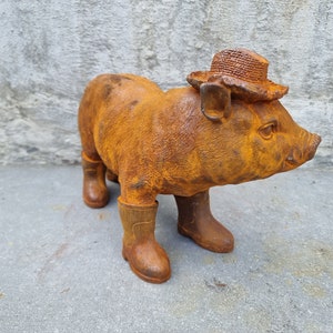 Rustic Cast Iron Piglet Sculpture: Adorable Dressed Pig with Boots and Hat for Charming Garden Decor image 7