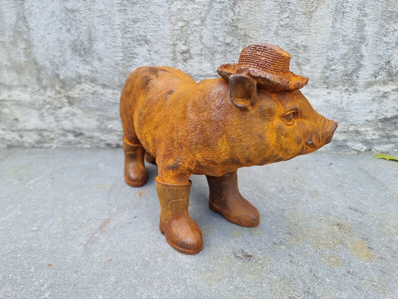 Rustic Cast Iron Piglet Sculpture: Adorable Dressed Pig with Boots and Hat for Charming Garden Decor image 7
