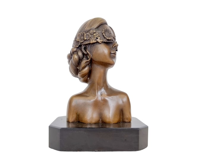 Classical Bronze Bust of Blindfolded Graceful Girl - Elegant Art Sculpture for Home Decor, Art Collectors,  Perfect Gift idea