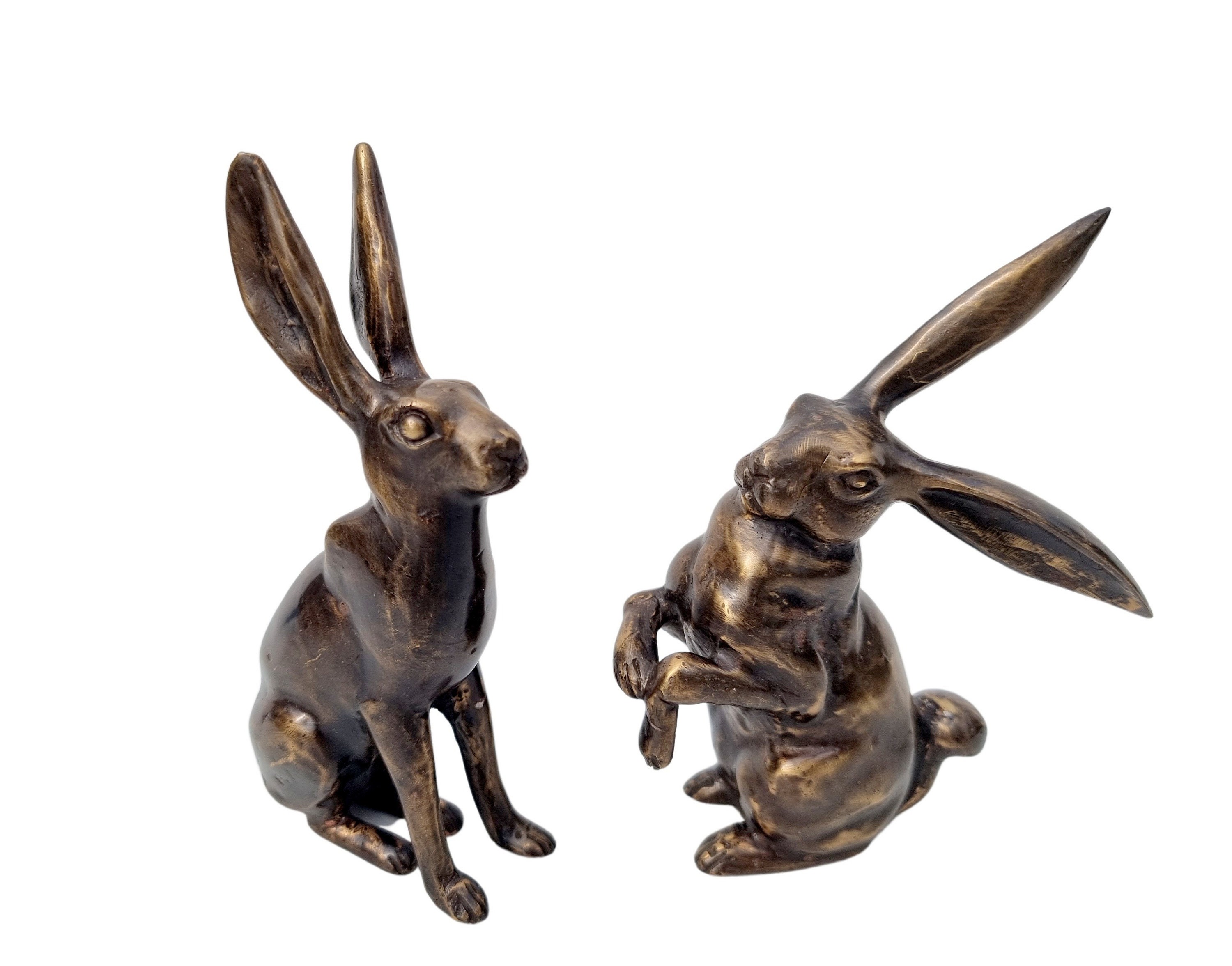Pair of bronze bunnies Bronze hare figurines Decorative and rural ornaments