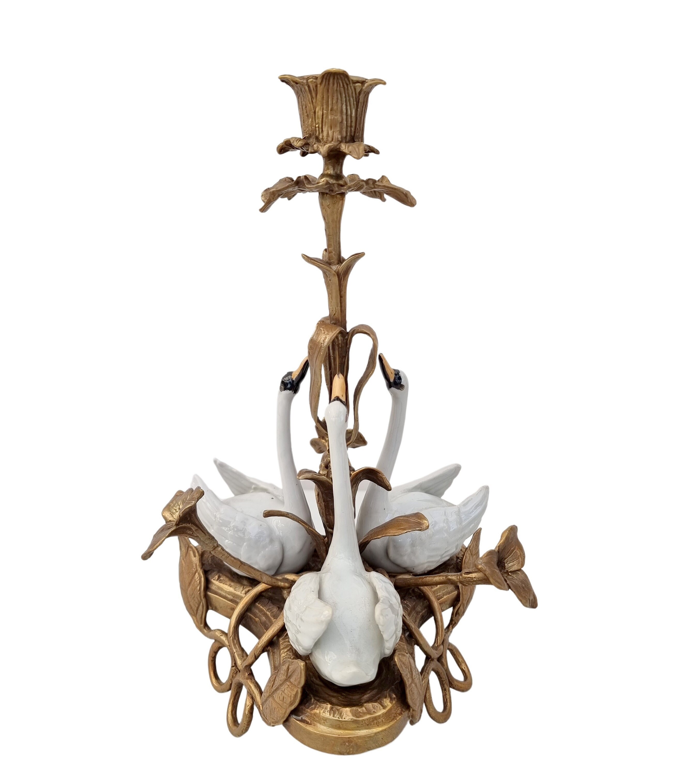 Centerpiece candlestick Table candlestick Bronze candle holder with porcelain swans