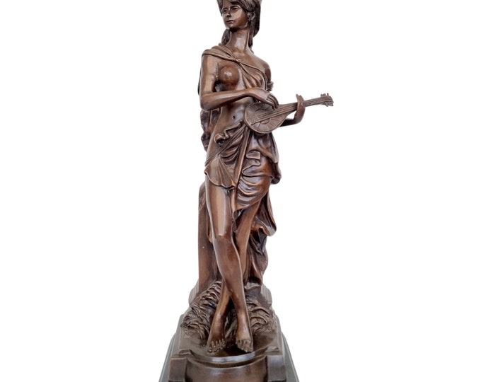Large Antique Sculpture of a Lady with Stringed Instrument - Classic Victorian Home Decor - Vintage Bronze Artwork - 4 Seasons