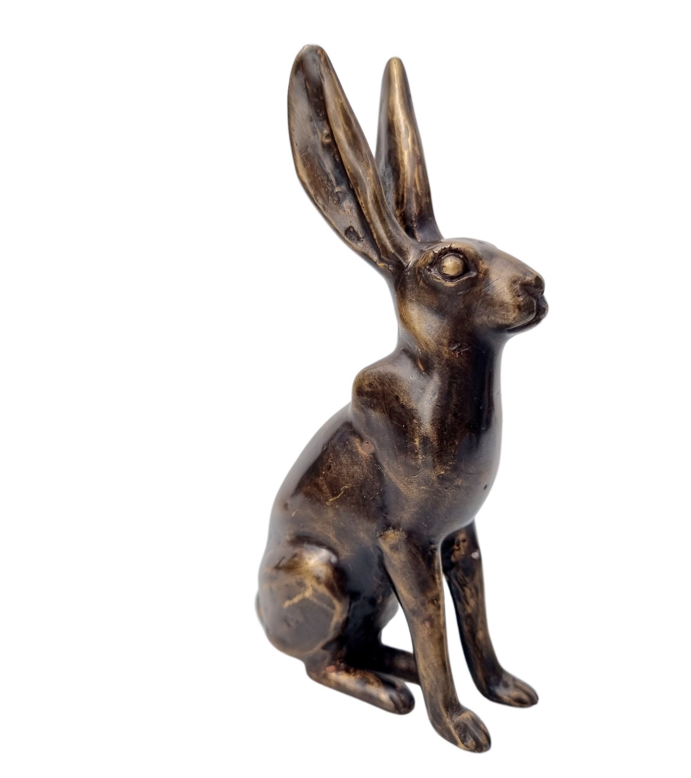 Pair of bronze bunnies Bronze hare figurines Decorative and rural