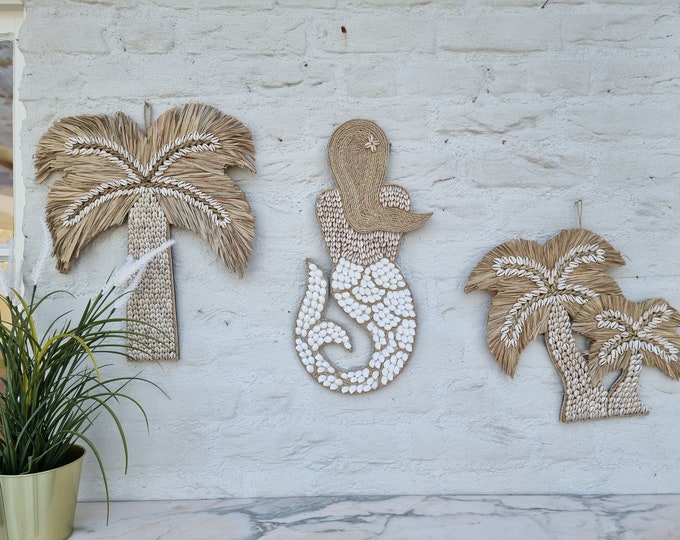 Beautiful tropical wall decoration - Grasses and shells - Mermaid - palm trees - tropical home decoration - beach hut decor boho deco