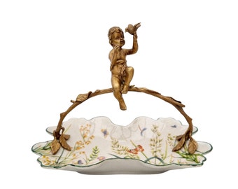 Piatto da presentazione in porcellana con angelo in bronzo - Tavola inglese - Piatto per biscotti - Ciotola di pan di zenzero - Stoviglie e presentazione
